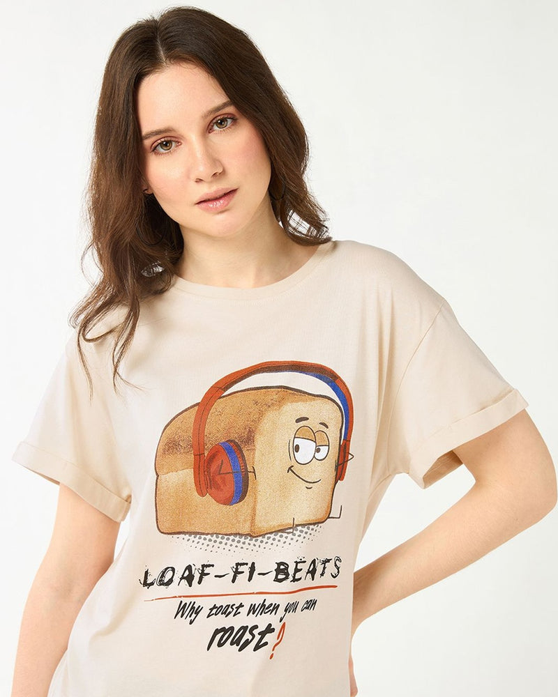 Women Beige Loaf Graphic Printed Boyfriend T-shirt