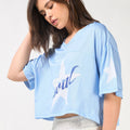 Women Blue Graphic Printed Oversized Crop Mesh T-shirt
