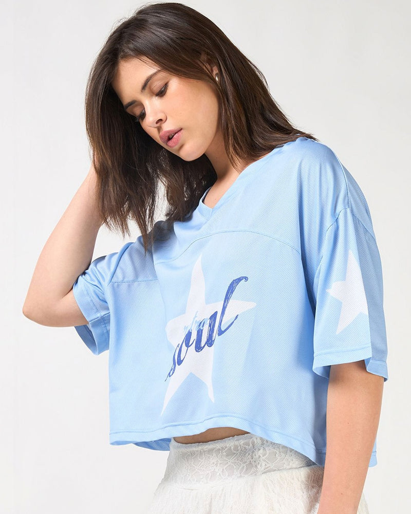 Women Blue Graphic Printed Oversized Crop Mesh T-shirt