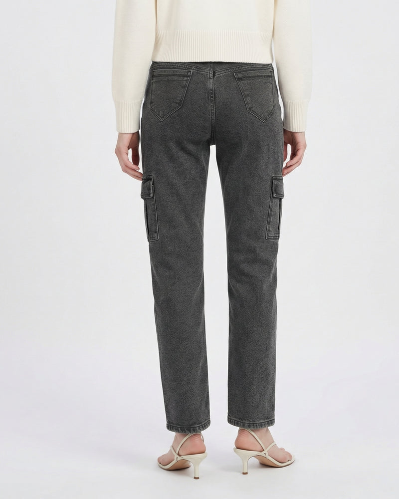 charcoal grey cargo-style denim jeans