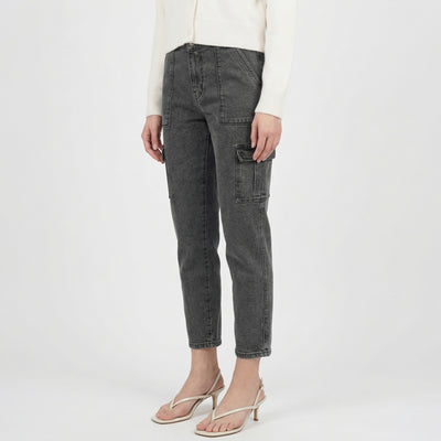 charcoal grey cargo-style denim jeans