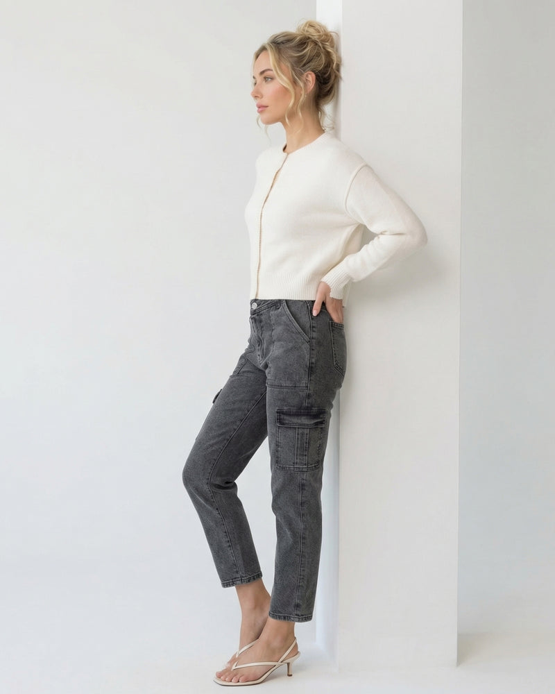 charcoal grey cargo-style denim jeans