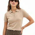 Women Striped Polo Neck Pure Cotton Beige T-shirt