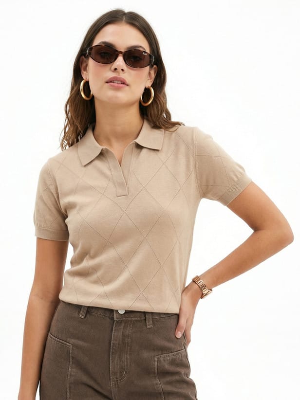 Women Striped Polo Neck Pure Cotton Beige T-shirt