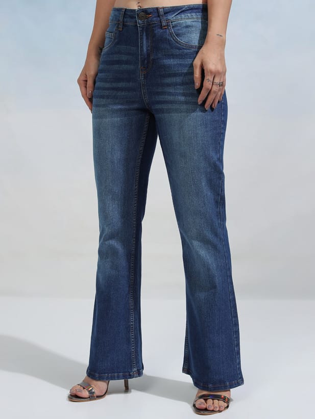 Women Boot-Leg Mid Rise Blue Jeans