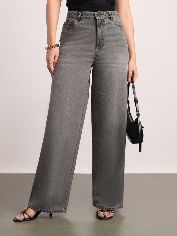 Women Loose Fit High Rise Grey Jeans