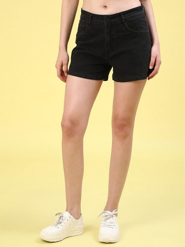 Solid Women Denim Black Denim Shorts