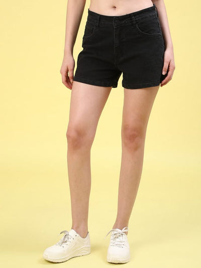 Solid Women Denim Black Denim Shorts