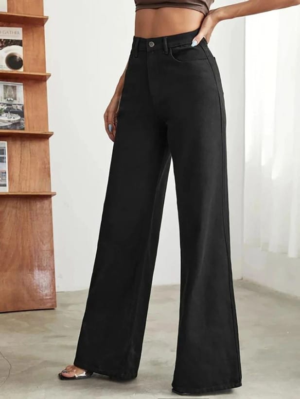 Women's Black Relaxed fit Wide-Leg Jeans