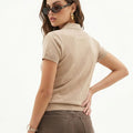 Women Striped Polo Neck Pure Cotton Beige T-shirt