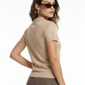 Women Striped Polo Neck Pure Cotton Beige T-shirt