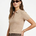 Women Striped Polo Neck Pure Cotton Beige T-shirt