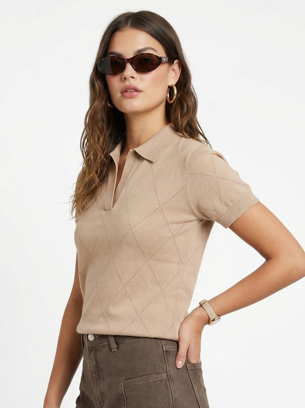 Women Striped Polo Neck Pure Cotton Beige T-shirt