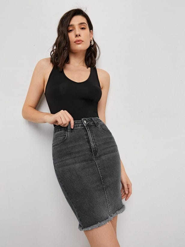 Women Washed Pencil Black Skirt