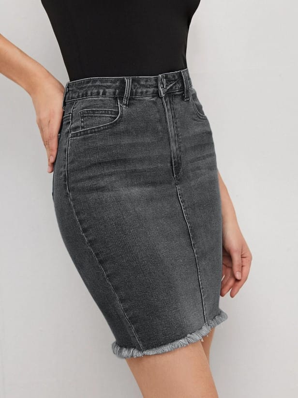 Women Washed Pencil Black Skirt