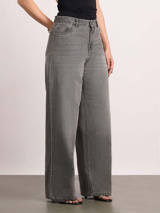 Women Loose Fit High Rise Grey Jeans