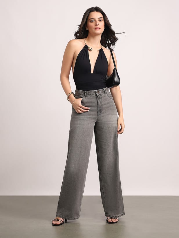 Women Loose Fit High Rise Grey Jeans