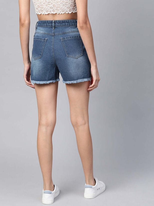 Light Blue Denim Washed Solid Shorts