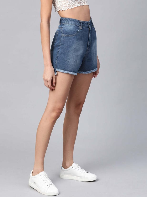 Light Blue Denim Washed Solid Shorts