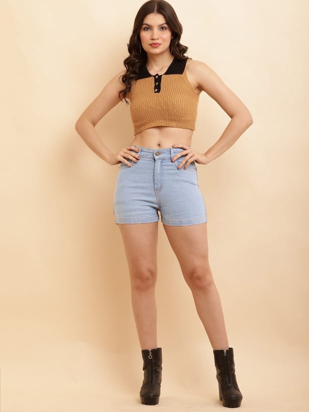 Solid Light Blue Denim Shorts