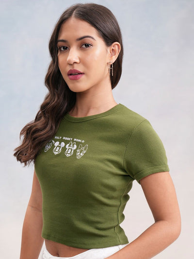 Women Disney Mickey & Friends Printed Ribbed Cotton T shirt
