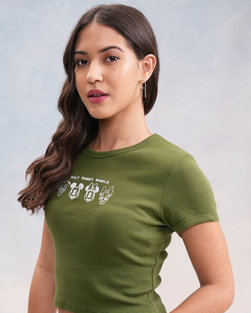 Women Disney Mickey & Friends Printed Ribbed Cotton T shirt
