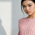 Women Cable Knit Round Neck Long Sleeves Crop Pullover Sweaters
