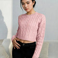 Women Cable Knit Round Neck Long Sleeves Crop Pullover Sweaters