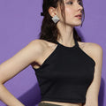 Basics Halter Neck Ribbed Cotton Fitted Crop Top