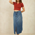 Pure Cotton Denim Panelled Midi Slit Skirt