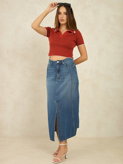 Pure Cotton Denim Panelled Midi Slit Skirt