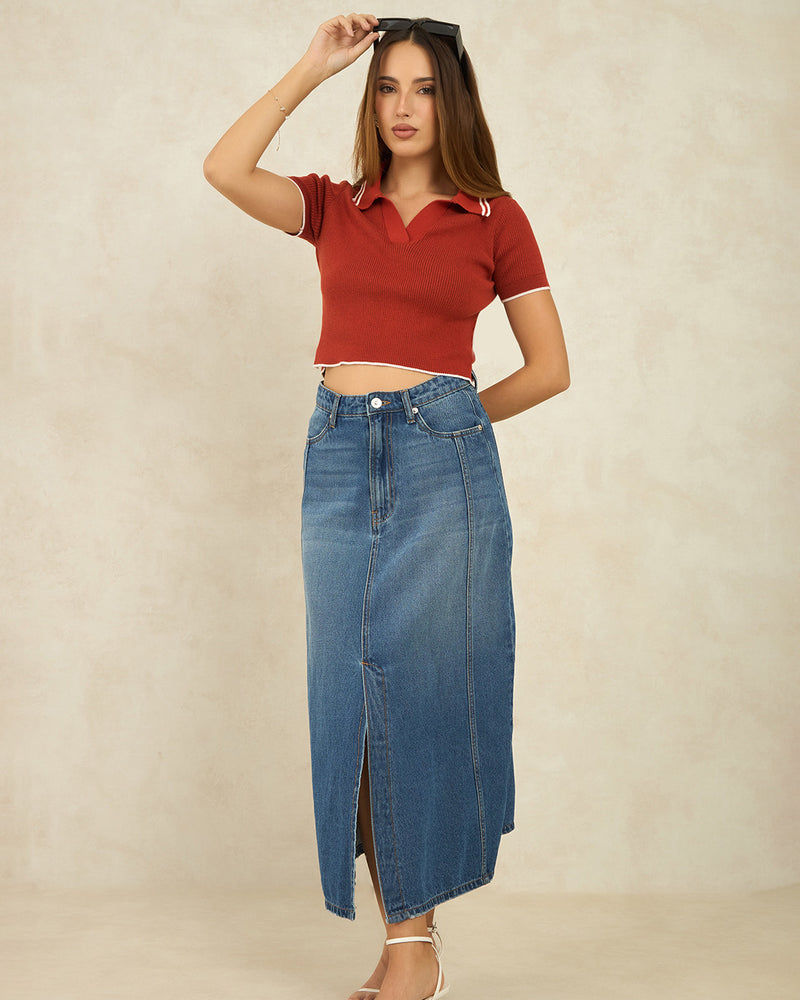 Pure Cotton Denim Panelled Midi Slit Skirt