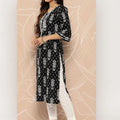 Black Embellished Cotton Straight Kurta