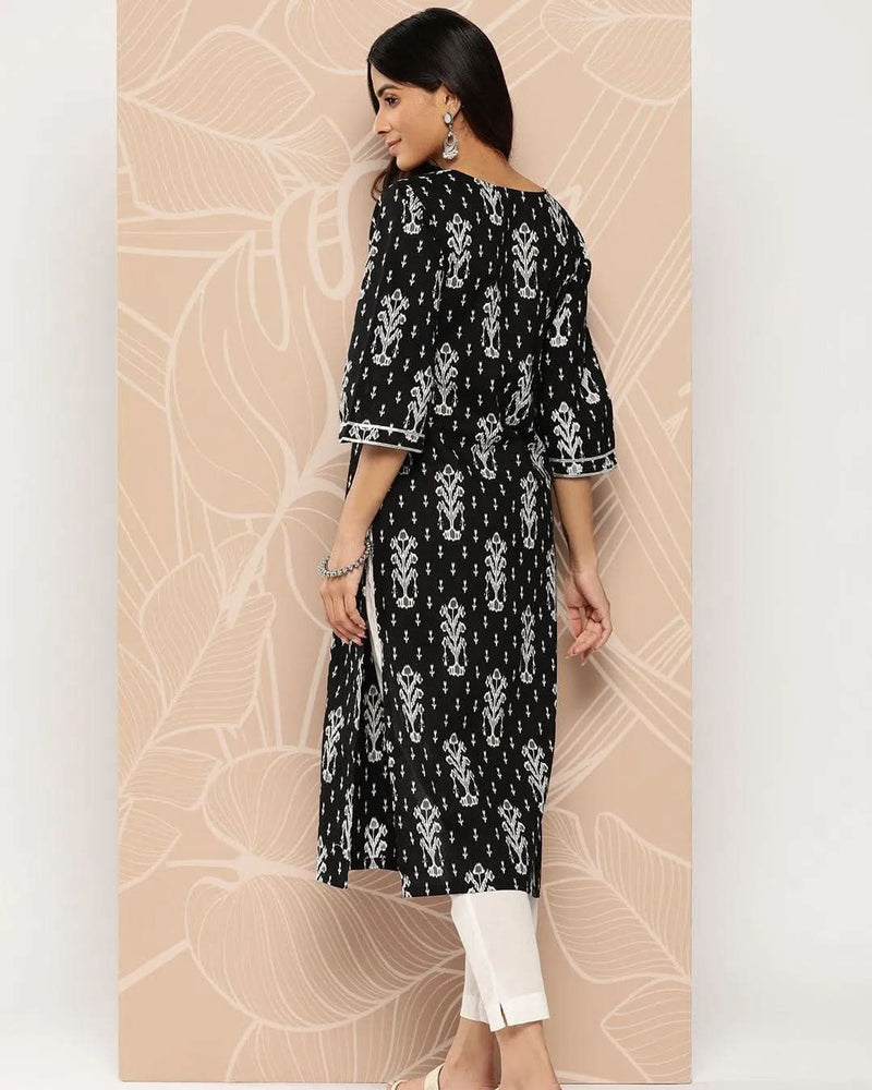 Black Embellished Cotton Straight Kurta
