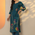 Women's Blue Printed Silk Blend Straight Kurta