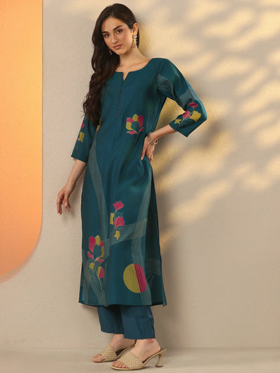 Women's Blue Printed Silk Blend Straight Kurta