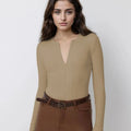 Women V-Neck Long Sleeves Fitted Top