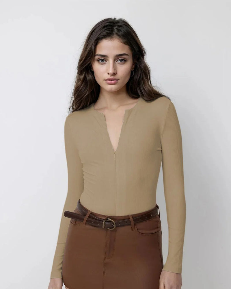 Women V-Neck Long Sleeves Fitted Top