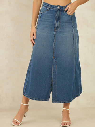 Pure Cotton Denim Panelled Midi Slit Skirt