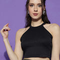 Basics Halter Neck Ribbed Cotton Fitted Crop Top