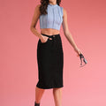 Women Black Back Slit Denim Pencil Skirt