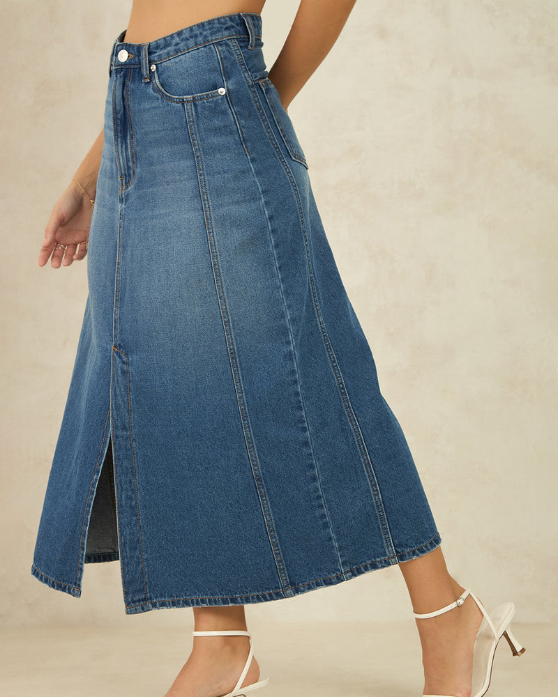 Pure Cotton Denim Panelled Midi Slit Skirt