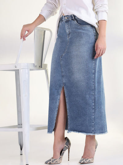 Blue Washed Denim Maxi Pencil Skirts