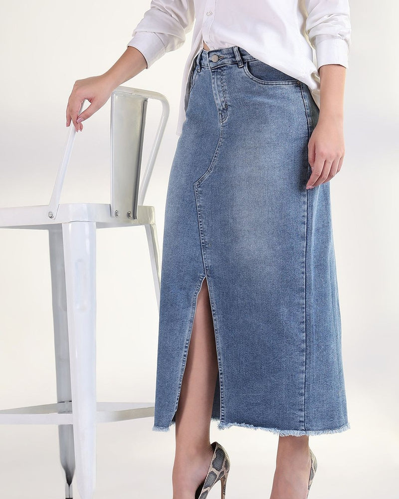 Blue Washed Denim Maxi Pencil Skirts