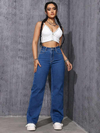 Women high waisted stretch denim wide leg pants