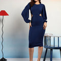 Women Bishop Sleeve Bodycon Knee Length Dress