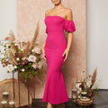 Women Off-Shoulder Puff Sleeve Bodycon Midi Dress