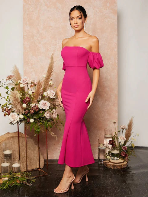 Women Off-Shoulder Puff Sleeve Bodycon Midi Dress