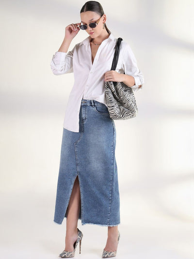 Blue Washed Denim Maxi Pencil Skirts