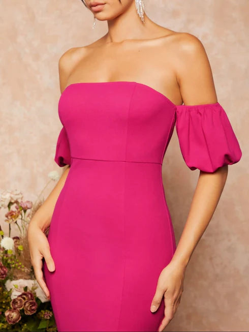 Women Off-Shoulder Puff Sleeve Bodycon Midi Dress